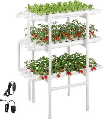Obrázek produktu pro VEVOR Hydroponický systém pro pěstování rostlin, 3 úrovně, 108 míst, systém trubek UPVC s časovačem pro zavlažování, neprůhledné trubky, vhodný pro pěstování zeleniny, ovoce a bylinek