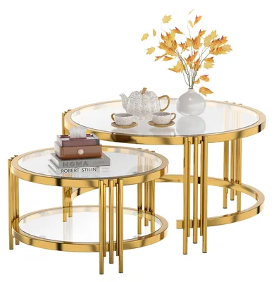 Produktbild von okwish   2er-Set Couchtisch,Sofatisch mit Glasplatte und Stauraum,Beistelltisch,Kaffeetisch Metallgestell,Für Wohnzimmer in Gold
