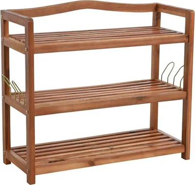 A wooden shoe rack with three shelves.