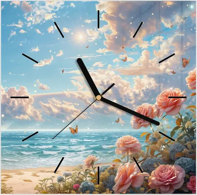 Produktbild von Wanduhr aus Glas mit Motiv Strandzeit mit Rosen- 30 x 30 cm - inkl. Aufhängesystem