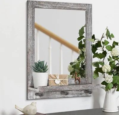 Productafbeelding van Famanu badspiegel met opbergruimte en haken - houten frame