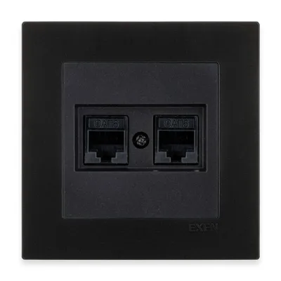 Image de Prise informatique double RJ45 Cat.6, noir métallisé + cadre noir métallisé, EXEN