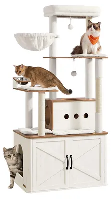 Immagine prodotto di Albero per gatti alto 170 cm con cuccia e area relax | Colore miele-bianco vintage | Dimensioni: 80x49x170 cm