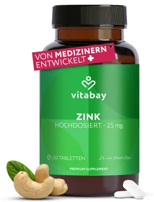 Produktbild von Vitabay Zinkcitrat Hochdosiert - 120 Vegane Tabletten (240 Portionen) - 25mg Zink Hochdosiert pro Tagesportion - Zink Tabletten Hochwertig Zinc Kapseln Zinc Supplement Nahrungsergänzungsmittel