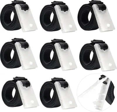 Multiple instances of a black strap with a white plastic clip, arranged in a grid.