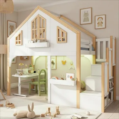Produktbild von Merax Etagenbett 90x200cm mit LED und Stauraumtreppe, , Hochbett in Fenster-Form mit Lattenrost aus Holz, Hausbett mit Öffnende Fenster, Weiß + Natur