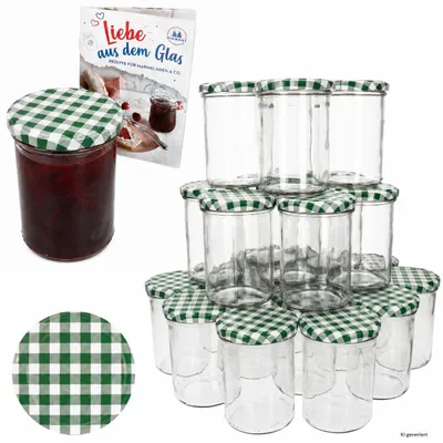 Zdjęcie produktu dla Zestaw 4 słoików marmoladowych, pojemność 435 ml, model TO82. Pokrywki zielone w kratkę, idealne do konserwowania