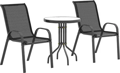 Produktbild von 3-teiliges Bistro-Set für den Garten mit wetterfestem Glastisch in Schwarz | Gartenmöbel, stapelbare Gartenstühle, Balkonmöbel-Set, Sitzgruppe, Balkon-Set, Gartengarnitur