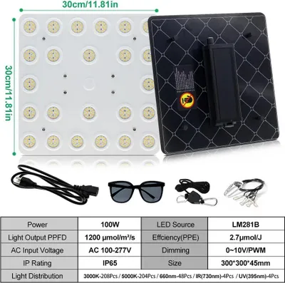 Produktbild von LED Pflanzenlampe Vollspektrum - 100W Grow Light - Dimmbar Mit Drehdimmer - LM281B SMD - 3000K 5000K - UV 395 Nm IR 730 Nm - Für Gewächshaus Und Sämlinge