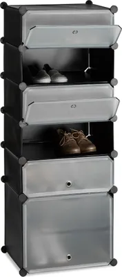 Produktbild von Relaxdays Schuhregal Kunststoff, Regalsystem 6 Fächer, Steckregal mit Türen, 12 Paar, DIY, HBT 52 x 37 x 9cm, schwarz