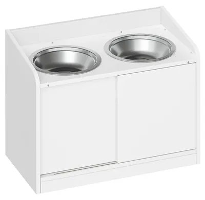 Image de Barre surélevée pour chien - Station d'alimentation - 2 gamelles en acier inoxydable de 2 000 ml - Hauteur : 46 cm - Support en bois avec espace de rangement à porte coulissante - Blanc