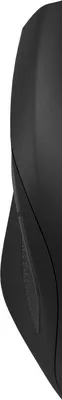 A close-up, side view of a black computer mouse.
