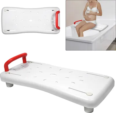 Produktbild von LZQ Badewannensitz Senioren (70 cm) , Badewannenbrett zum Sitzen, Sitzbrett für Badewanne, Brett für Badewanne Plastik, Stuhl für Badezimmer, mit Rot Haltegriff