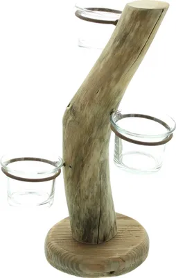 Obrázek produktu pro Svíčkový stojan ve tvaru stromu ze dřeva, 3 skleněné svícny, 28 cm