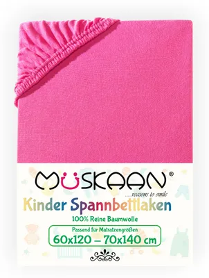 Produktbild von Müskaan Jersey Kinder Spannbettlaken 60x120 - 70x140 cm pink bis 12cm Matratzenhöhe Gummizug Bettlaken 100% Baumwolle