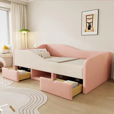 Produktbild von Merax Polsterbett Tagesbett 90×190cm mit Schutzgitter und 2 Schubladen, Sofabett mit Stauraum, Multifunktionsbett Kinderbett mit Samtstoff, Rosa