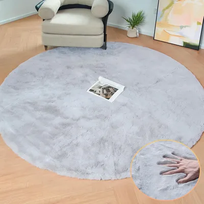 Image de Tapis rond, diamètre 150 cm, gris, en Fourrure artificielle moelleuse, lavable
