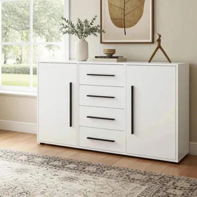 Produktbild von Modena K2D4SZ Kommode 150 cm – moderne Anrichte mit 4 Schubladen und 2 Türen, funktionaler Stauraumschrank für Wohnzimmer, Schlafzimmer und Flur (Weiß)