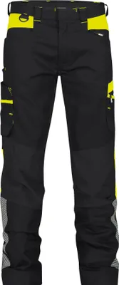 A pair of black and yellow work pants shown front-on against a white background.
