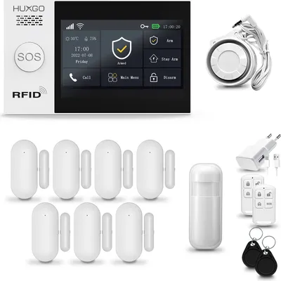 Produktbild von HUXGO HXA007 Alarmanlage Haus WiFi + GSM 4G mit Sirene, Alarm System mit 1x Bewegungssensor und 7x Tür-Fenstersensor, Alarmanlage für Wohnung, Haus, Garage, Tuya Smartlife App