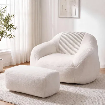 Riesen Sitzsack Cord mit Hocker, bequemer Sessel, weiß
