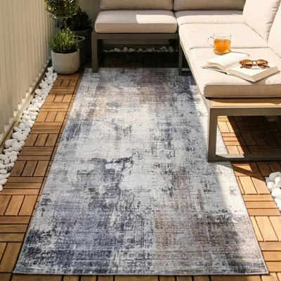 Image de Volero - Tapis en laine lavable - Domingo Grunge Taupe/Crème - 80x300 cm