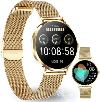 A gold smartwatch with a mesh band is displayed against a white background, with a smaller inset image of the same watch.