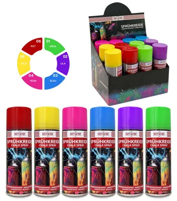 Produktbild von Kinder Sprühkreide Set 12 Stück – 6 Farben 100ml abwaschbar für Spiel & Straßenmalerei