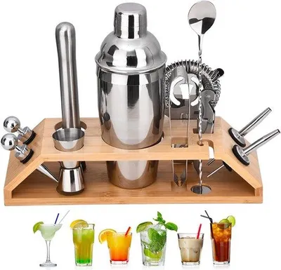 Immagine prodotto di Set da bar da casa con supporto in legno - Set da 12 pezzi in acciaio inossidabile per uso domestico o professionale