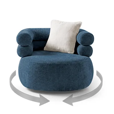 Produktbild von Drehsessel NANO 360° drehbar - Relaxsessel Lesesessel mit Chenille Bezug und Zierkissen, Drehbarer Design Sessel in Blau