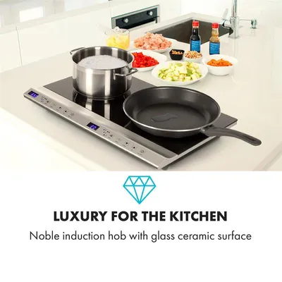 Obrázok produktu pre Klarstein Cucinata, mobilná varná doska, dvojitá indukčná varná doska, 3100 W, dotykové ovládanie, senzor hrnca, časovač vypnutia, 10 úrovní, ochrana proti prehriatiu, detská poistka, sklokeramika, strieborná