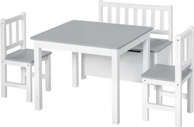 Image de HOMCOM Ensemble de table et chaises enfant - set de 4 pièces - table, 2 chaises, banc coffre 2 en 1 - MDF pin blanc gris