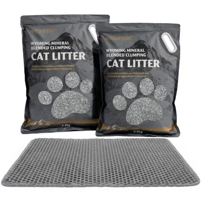 Produktbild von Klumpende Katzenstreu 13,6kg (2x6,8kg) mit Vorleger 60x40cm, Staubarm, Wyoming Bentonit & Tapioka, Unparfümiert