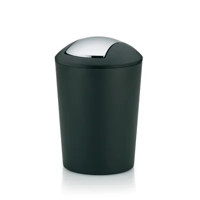 A black trash can with a silver lid is shown against a white background.