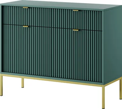 A green dresser with gold legs and handles, shown against a white background.