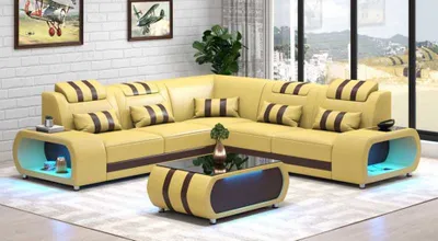 Produktbild von Ecksofa Ledersofa L Form Couch Sofa Gelb Luxus Moderne Eckgarnitur LED
