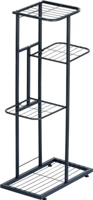 A black metal plant stand with four tiers.
