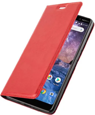 A red phone case is shown partially open, revealing the phone screen.
