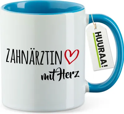 Produktbild von Huuraa Kaffeetasse Zahnärztin mit Herz 330ml Blau Keramik Kaffeebecher Geschenkidee