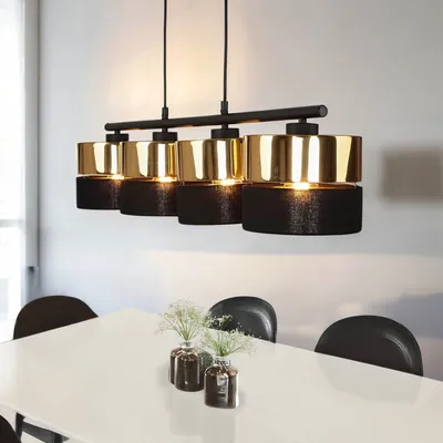Produktbild von Pendelleuchte Schwarz Gold 4-flammig verstellbar Metall Stoff E27 Hängelampe Hängeleuchte Esstisch Esszimmer Wohnzimmer