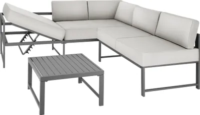An outdoor sectional sofa and coffee table set on a white background.