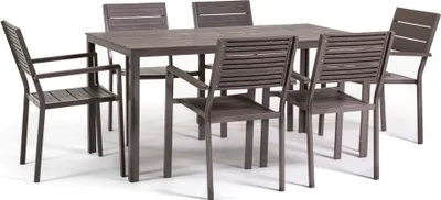 Image de Ensemble de jardin avec table rectangulaire 156×78 cm en acier et polyéthylène imitation bois et 6 chaises empilables - design moderne, robuste et harmonieux pour terrasse, jardin et véranda - THOMAS + ADELE - Taupe