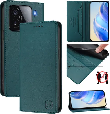 Image de Etui en cuir pour Xiaomi 15, étui à rabat avec fentes pour cartes, portefeuille et support Vert foncé