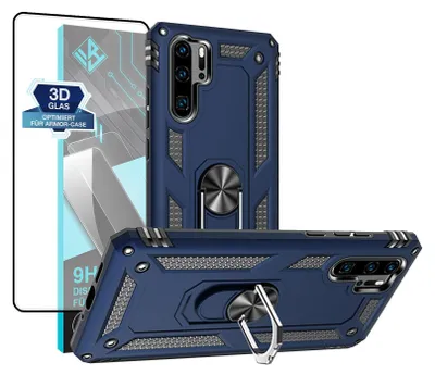 A blue phone case with a ring stand and a screen protector are displayed against a white background.