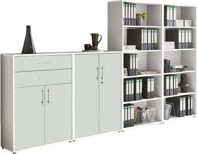 Produktbild von Aktenschrank TABOR 21 in weiß / weiß matt, Schrankwand, Büroschrank, abschließbar, Metallgriffe