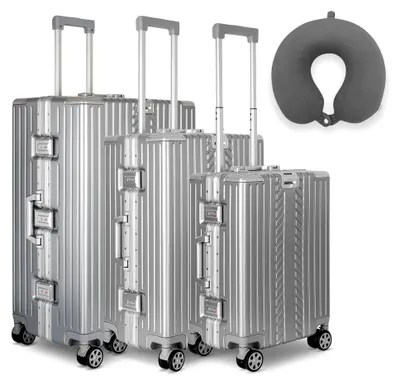 Produktbild von Reisekoffer Set: Handgepäck (53 cm), Check-in-Trolley (65 cm) und XL Koffer (75 cm) mit Alu-Rahmen, ABS und anthrazitfarbenem Nackenkissen sowie TSA-Zahlenschloss | Silber
