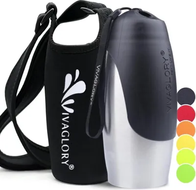 Immagine prodotto di Biberon in acciaio inox da 750 ml per cani con portabottiglie in neoprene, ideale per escursioni e viaggi