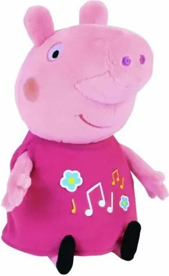 A plush toy of Peppa Pig wearing a pink dress with musical notes and flowers.