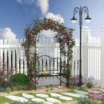 Produktbild von Rosenbogen Mit Bank Rosenbank Laubenbank Philosophenbank Rankgitter Rankhilfe Gartenbank Metall Schwarz 121 X 50 X 203 Cm