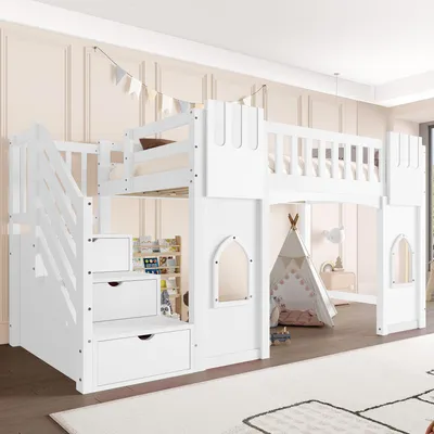 Image de Merax Lit superposé 90x200 cm, avec escalier de rangement et fenêtre, lit d'enfant, lit superposé, lit de jeune, pin, lit en bois massif, blanc